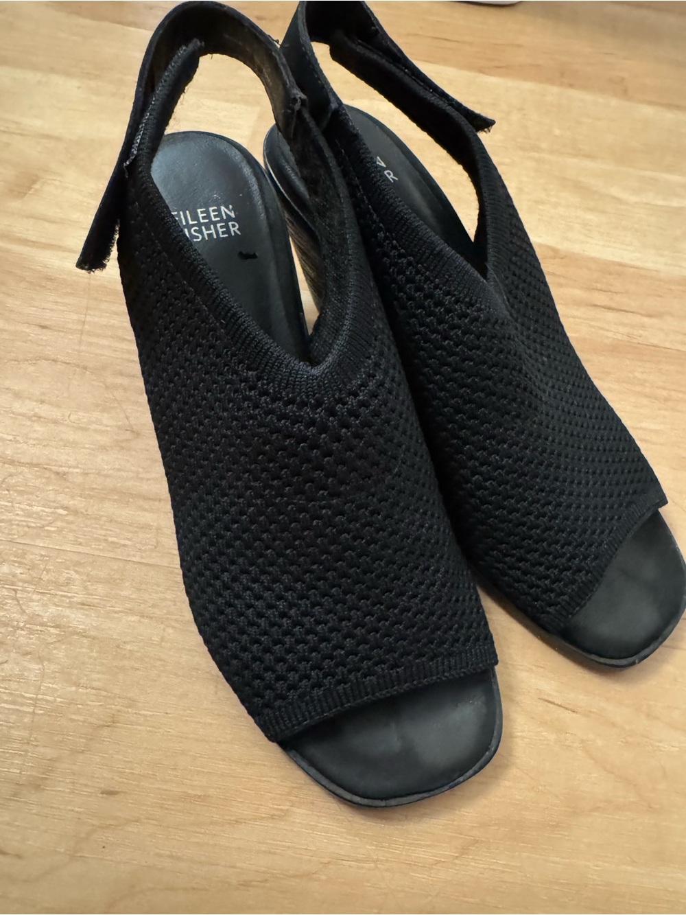 Eileen Fisher Black Knit Slingback Peep-Toe Sandals Size 7.5